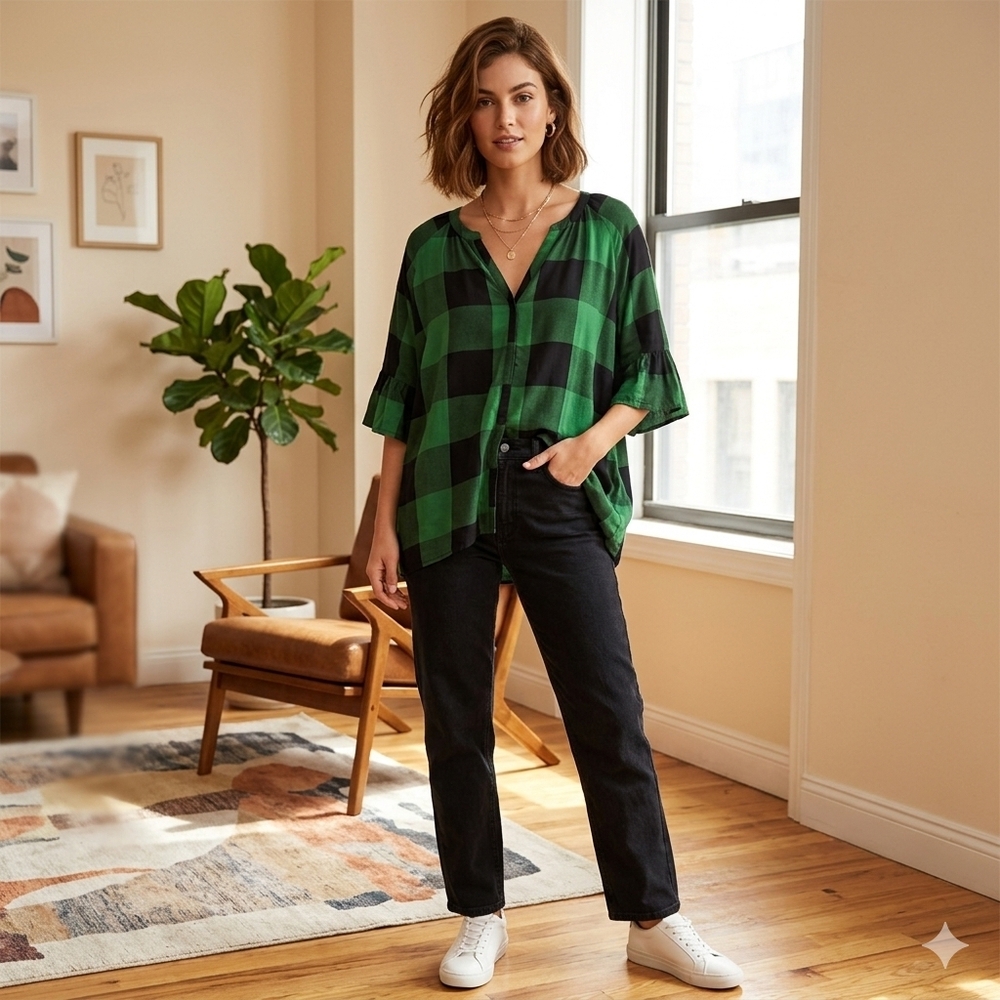 Zara Premium Collection Oversize Top Size XS Green Plaid Slouchy Comfy Wear
